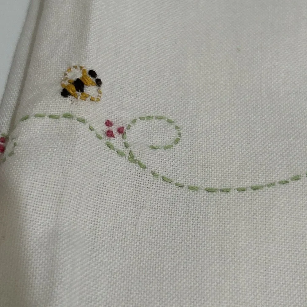 Set of 2 Hand Embroidered Cream Dish Tea Towels Floral Basket Bees
